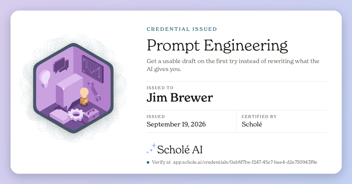 Share card for Prompt Engineering, issued to Jim Brewer