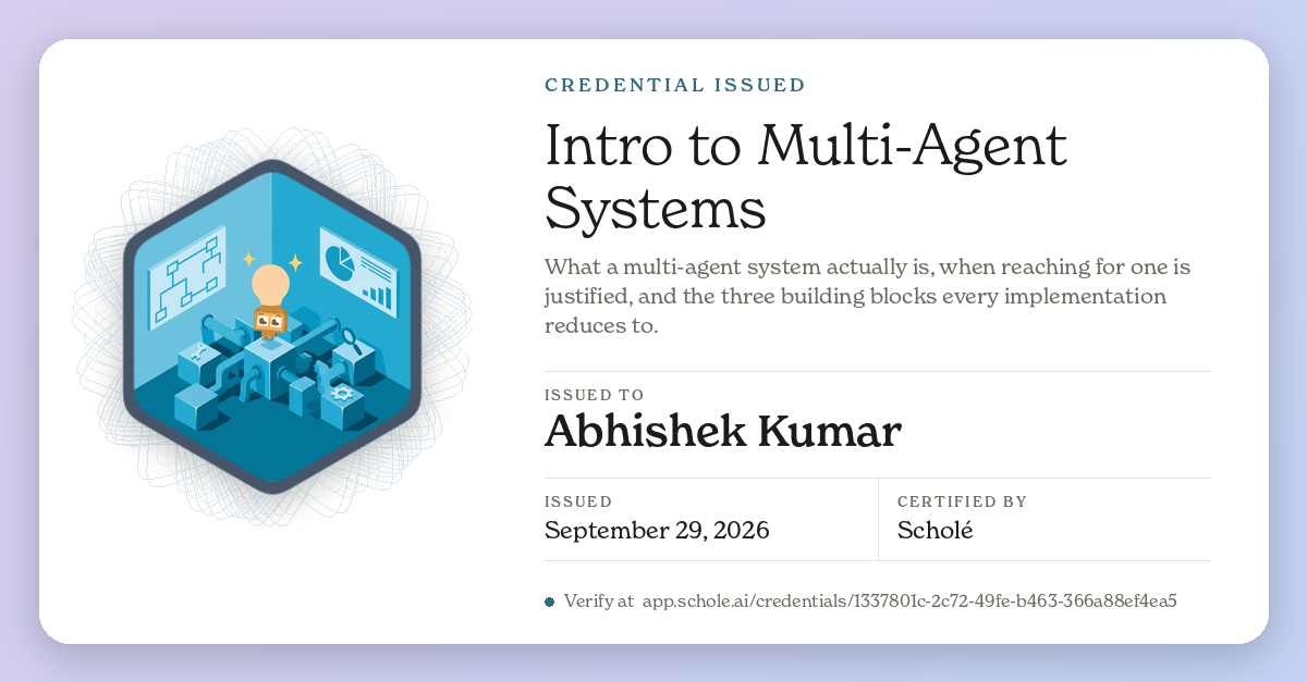 Credential for Intro to Multi-Agent Systems, issued to Abhishek Kumar