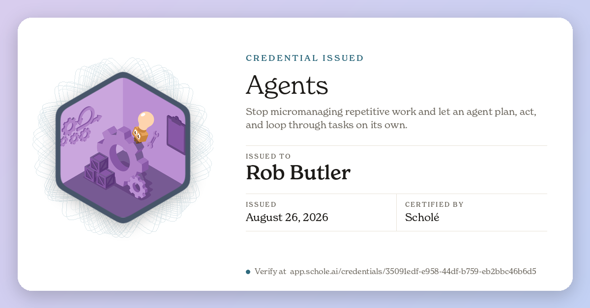 Credential for Agents, issued to Rob Butler