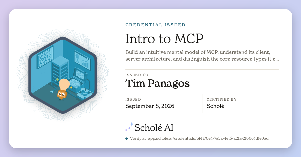 Share card for Intro to MCP, issued to Tim Panagos