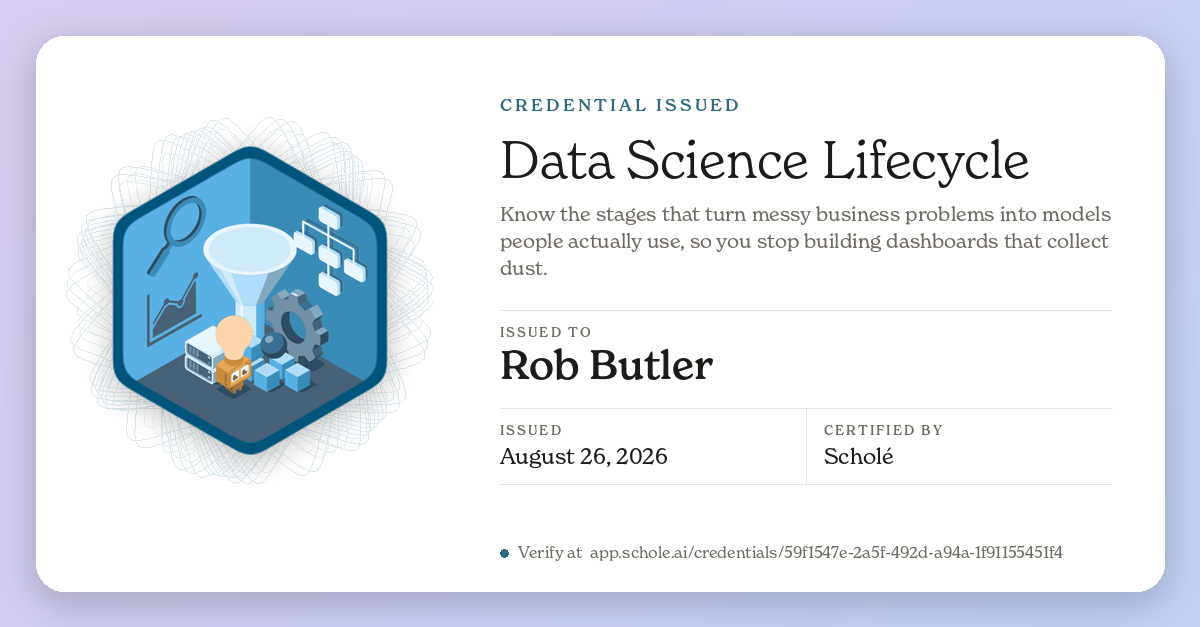 Credential for Data Science Lifecycle, issued to Rob Butler