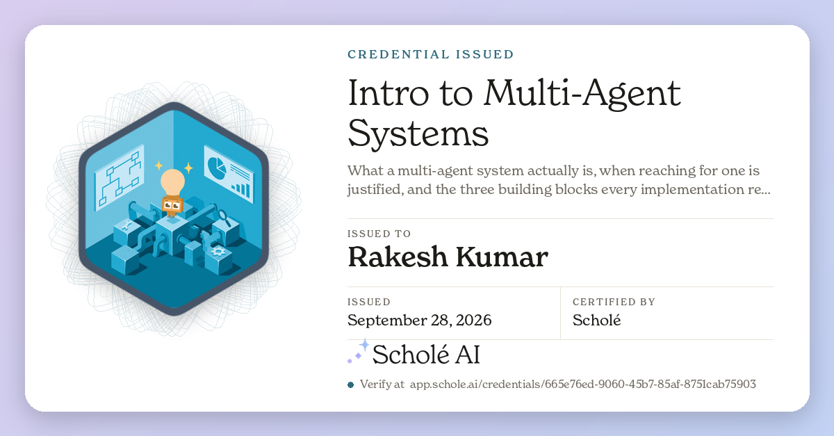 Share card for Intro to Multi-Agent Systems, issued to Rakesh Kumar