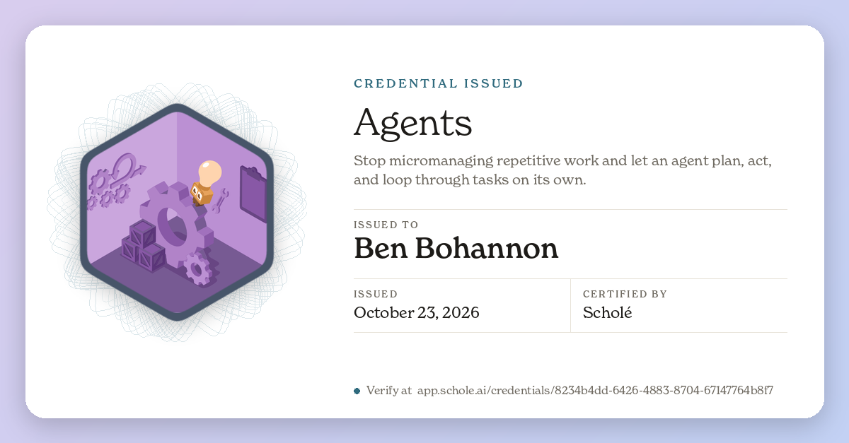 Credential for Agents, issued to Ben Bohannon