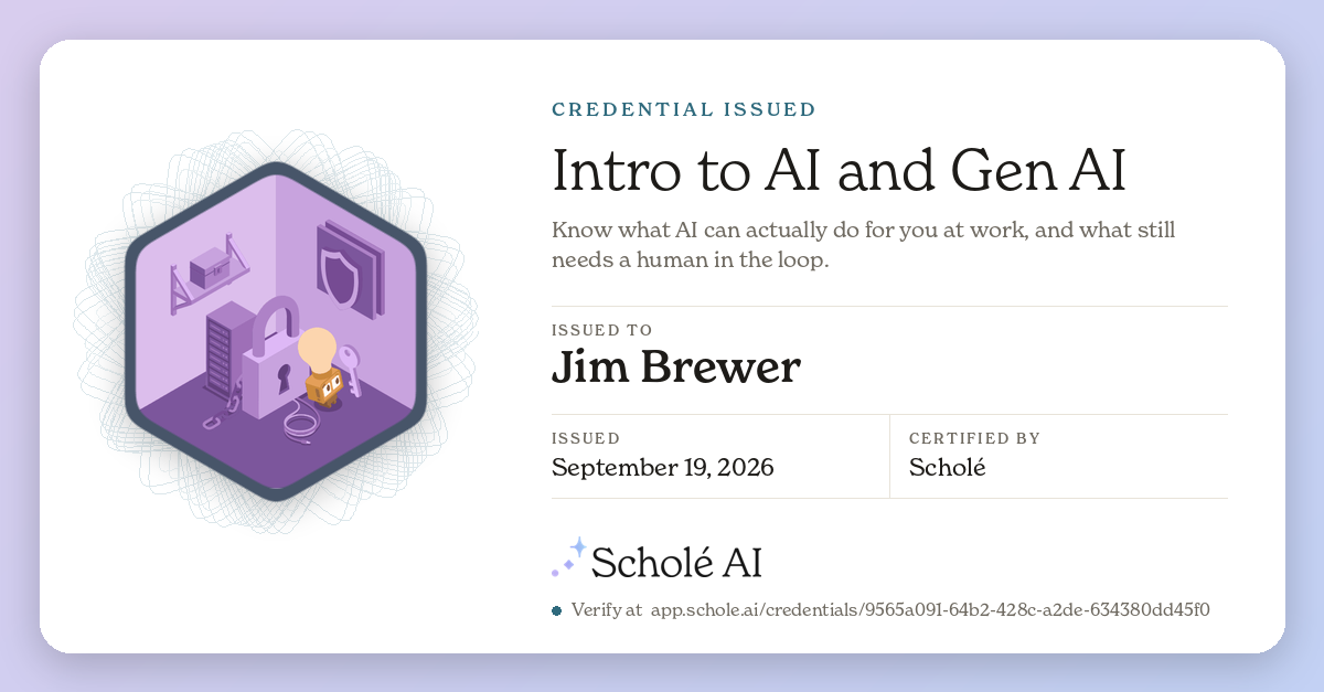 Share card for Intro to AI and Gen AI, issued to Jim Brewer