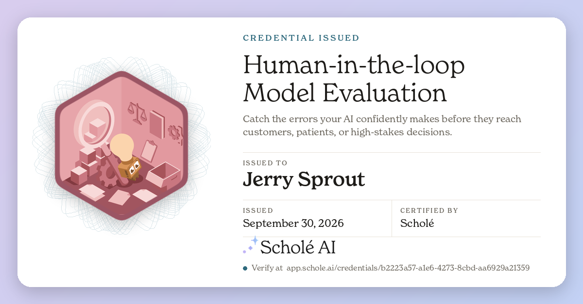 Share card for Human-in-the-loop Model Evaluation, issued to Jerry Sprout