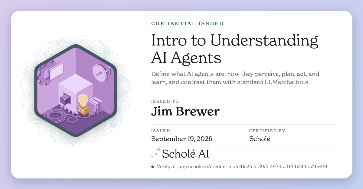 Share card for Intro to Understanding AI Agents, issued to Jim Brewer