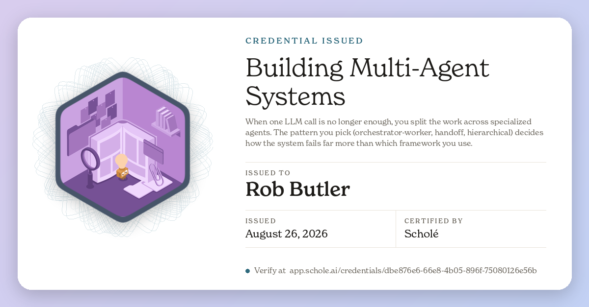 Credential for Building Multi-Agent Systems, issued to Rob Butler