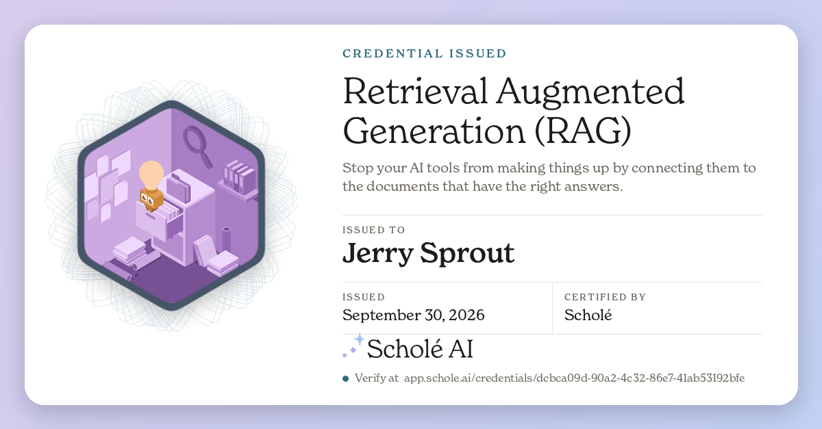 Share card for Retrieval Augmented Generation (RAG), issued to Jerry Sprout